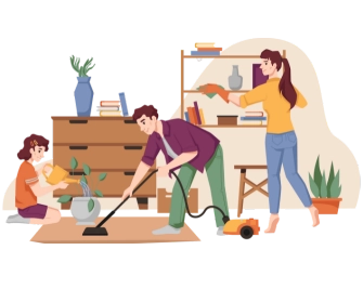 Family preparing their home for a quick sale by organizing and cleaning