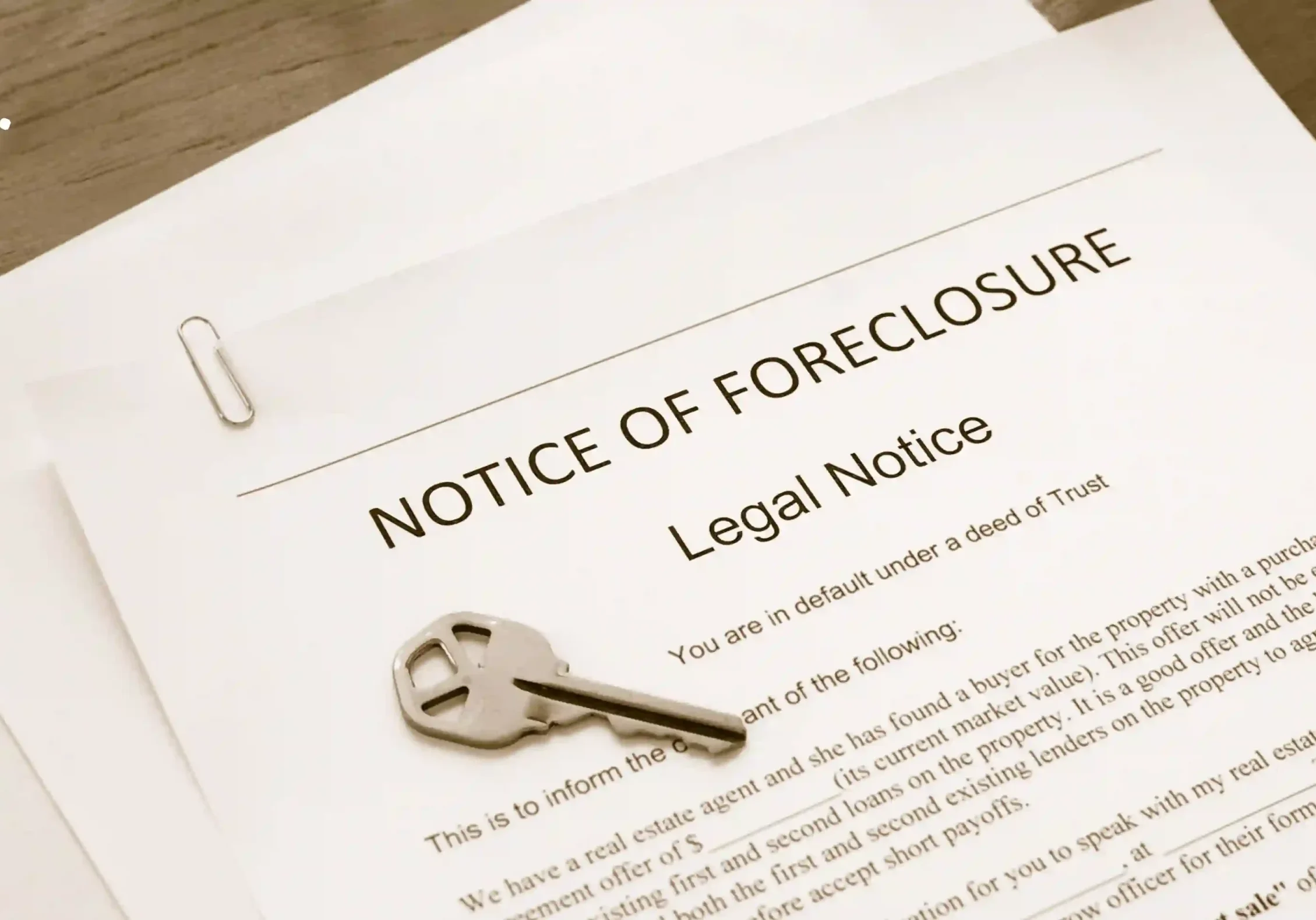 Foreclosure notice document with a house key, indicating financial hardship.
